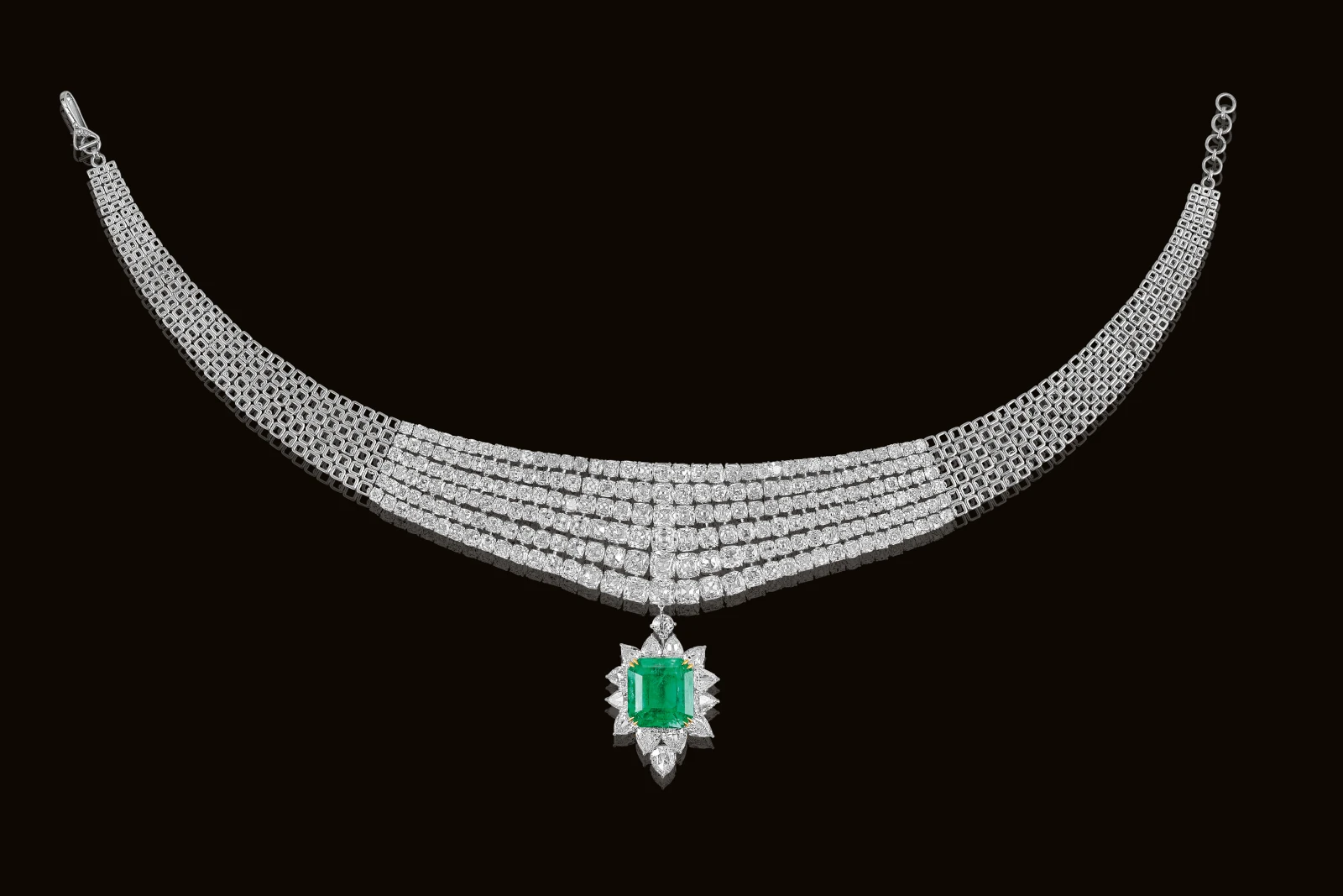 Magnificent Six-Row Verde Sovereign Colombian Emerald Old Mine-Cut Diamond Necklace