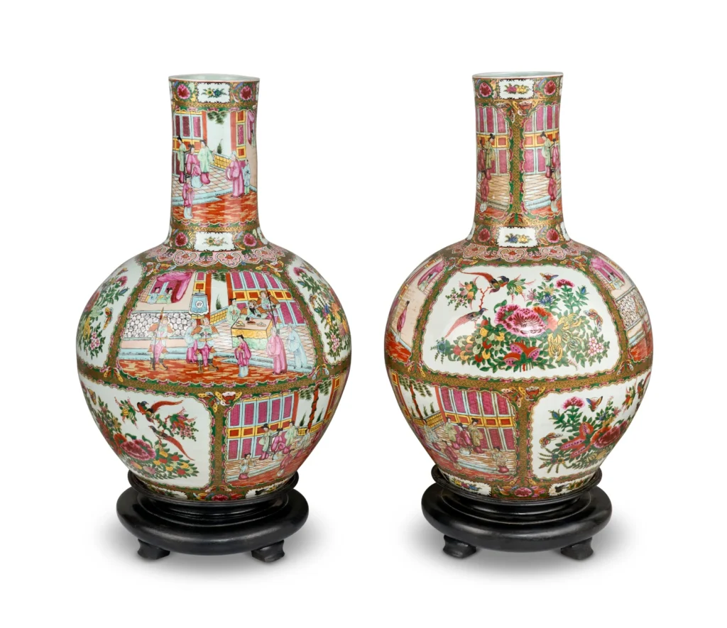 A pair of Canton Famille Rose Porcelain vases