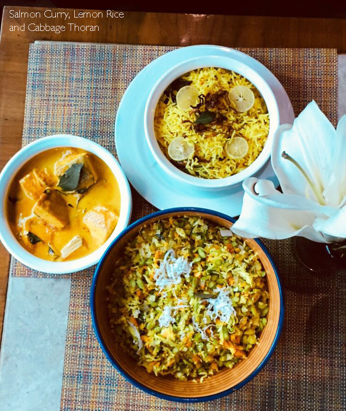 Chef Joe Thottungal dishes salmon curry cabbage thoran