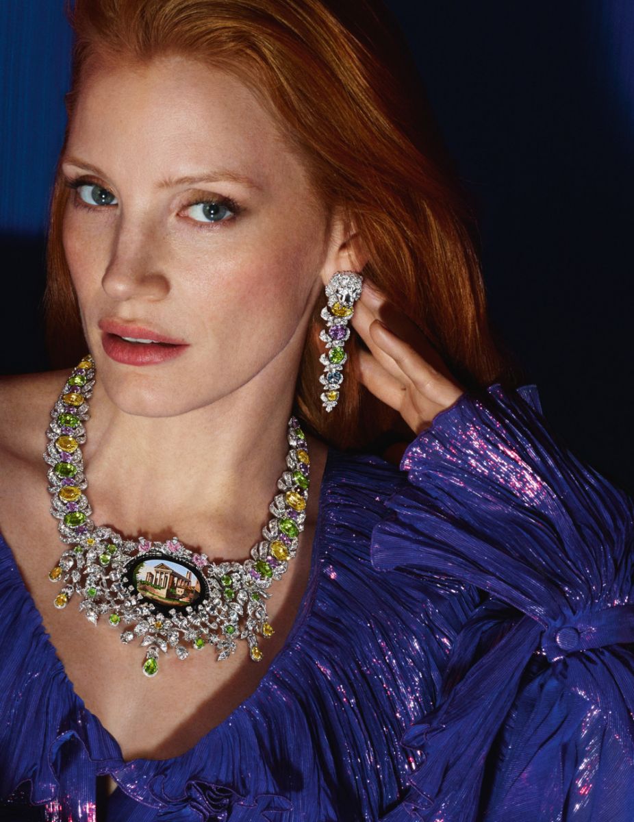 From Spirits to Gardens, 2022's High Jewelry Collections Invoke the Goddess 4 Jessica Chastain for Gucci Hortus Deliciarium